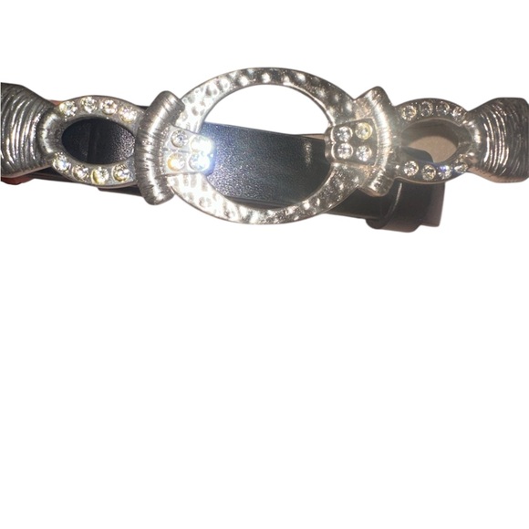 Chico’s Black Leather Belt Silver Rhinestone Buckle Dress Waist Belt
